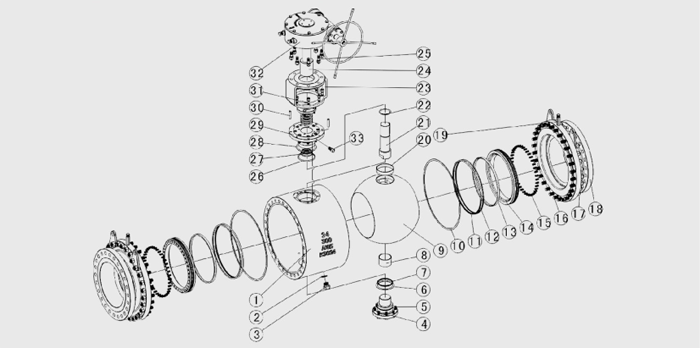 固定球(qiu)閥結構示意(yi)圖 固定球閥(fá)結構示意圖(tu)